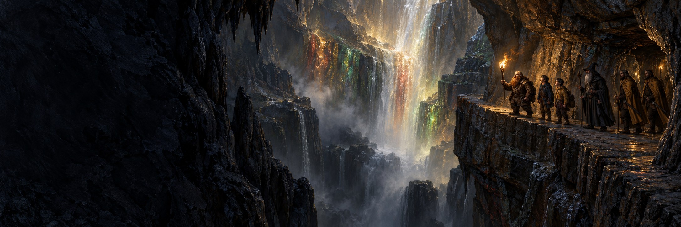Dolgan leads a party past the glowing waterfall in Mac Mordain's passage.