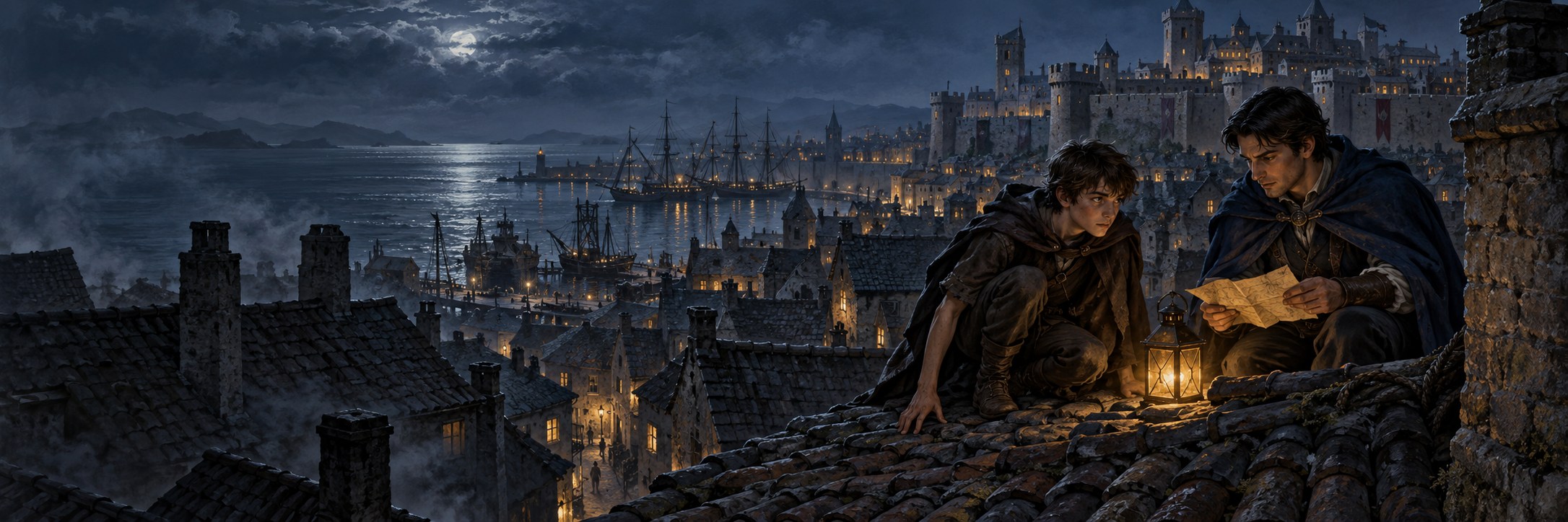 Jimmy the Hand and Arutha consult a map on the rooftops of Krondor at night.